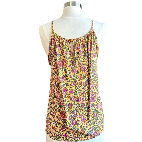 NWT Cynthia Rowley Smocked Pleated Floral Halter Keyhole Blouse Mustard Pink - Picture 3 of 5